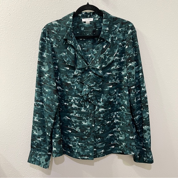 Calvin Klein Tops - CALVIN KLEIN Women’s Dark Green Ruffle Button Down Blouse